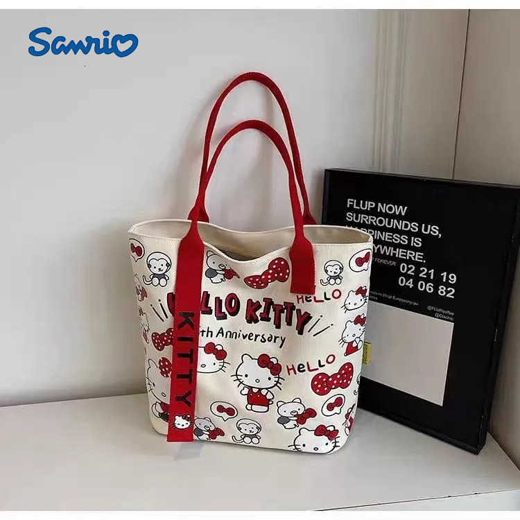 Sanrio Hello Kitty Canvas Shoulder Bag Cute Cartoon KT Cat Large Capacity Handbag Girls Backpack Schoolbag Holiday Gifts H251216