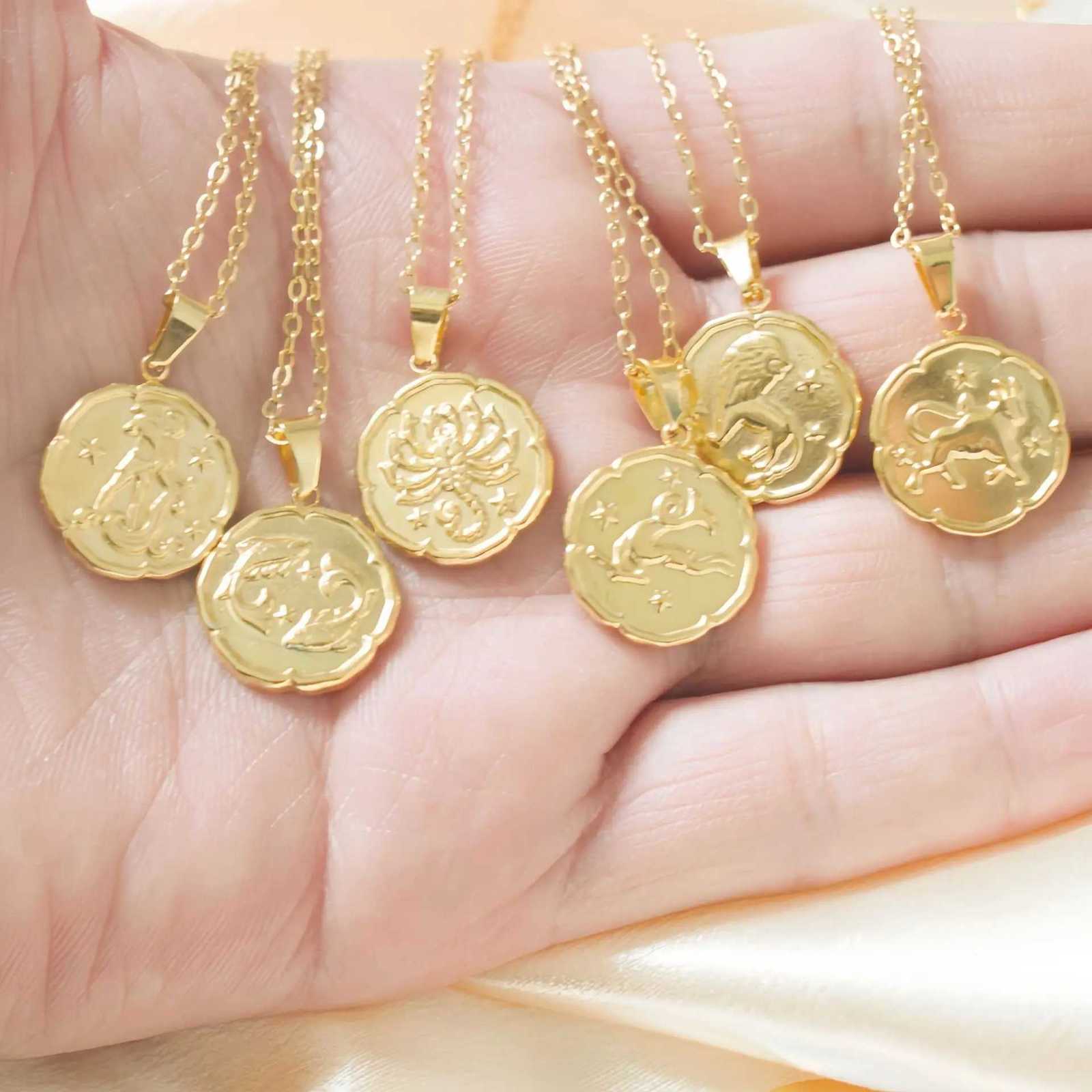 12 Constellation Flower Shape Design Pendant Necklace Stainless Steel Gold Plated Necklace M251216