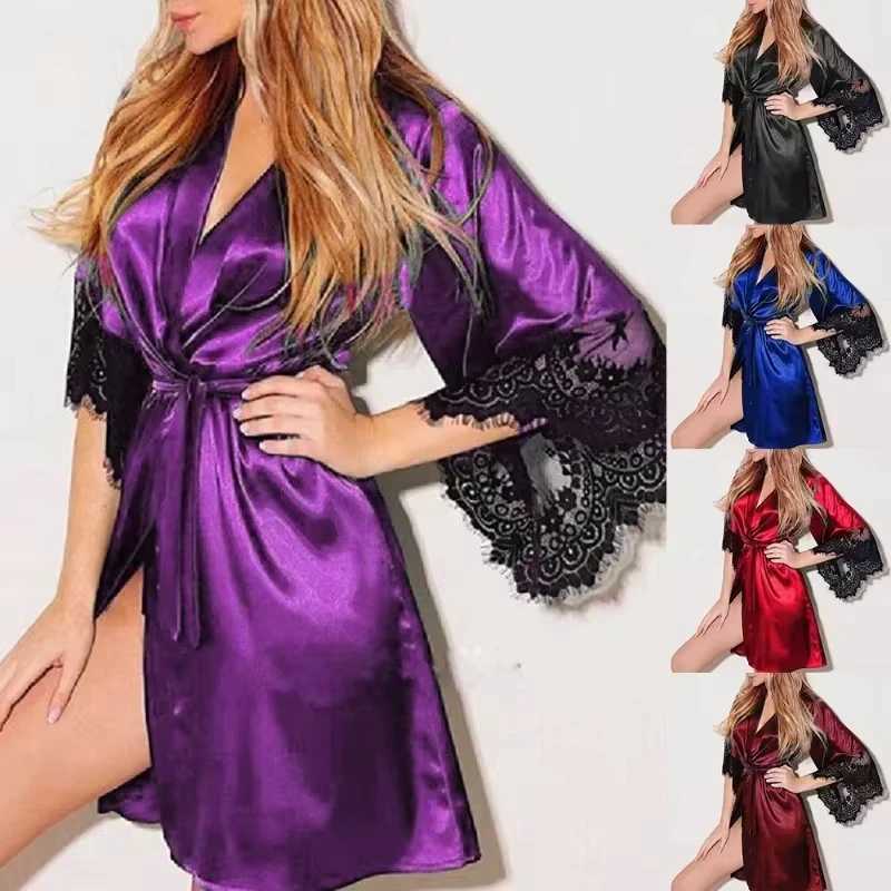 Women Night Gown Robe with G String Floral Lace Bathrobe Halt Sleeve Nightdress Female French Sexy Silky Satin Sleepwear C251216