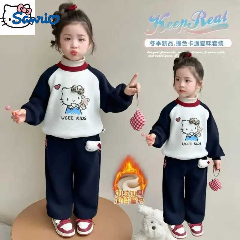 Sanrio Hot Girl Loungewear Set Hello Kitty Kawaii Anime Fashion Winter Thickening Sweatsuit Childrens Clothing Christmas Gift H251216