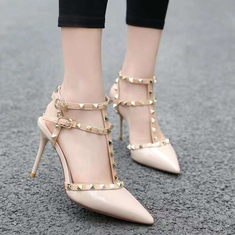 Studded High Heels Thin Heel Single Shoes Versatile 2023 Summer Sexy Pointed Toe T-Strap Backless Rivet Sandals Women
