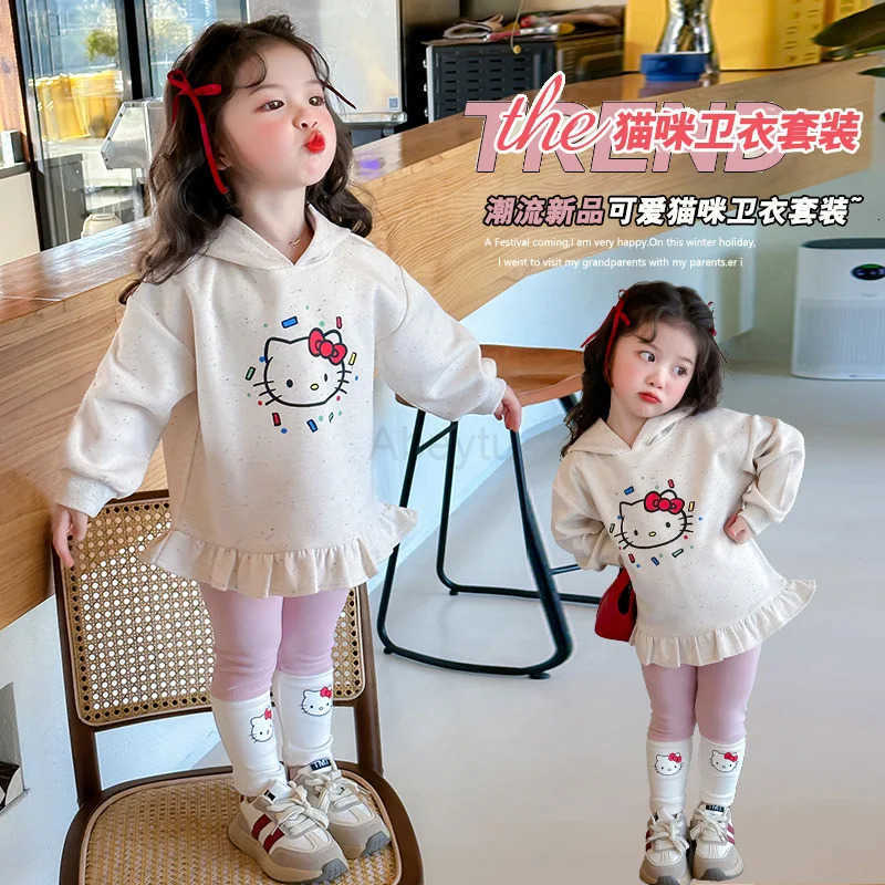 Sanrio Girl Clothes Set Autumn Kid Sweatshirts Pullover Cute Hello Kitty Topleggings Pants 2pcs Suit Children Sweet Tracksuits Outfits H251216