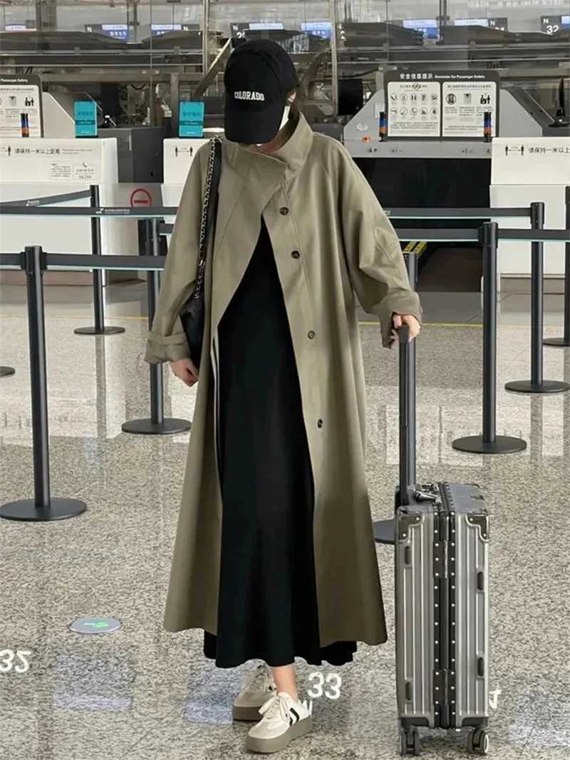 Korean Lazy Style Windbreaker Coat for Women 2024 Autumn New Style Loose Small High-end Casual Long Style Solid Color CommutingT251216