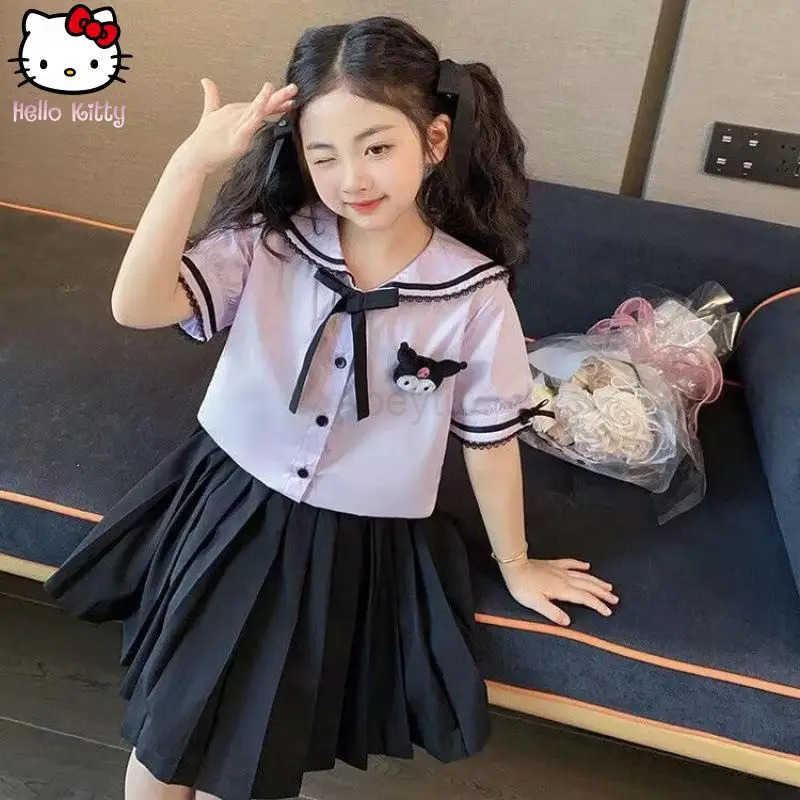 Sanrio Kuromi Melody Girl Kawaii Pleated Skirt Set Summer New Kids Cartoon Anime College Style Jk Uniform Sweet Princess Dress H251216