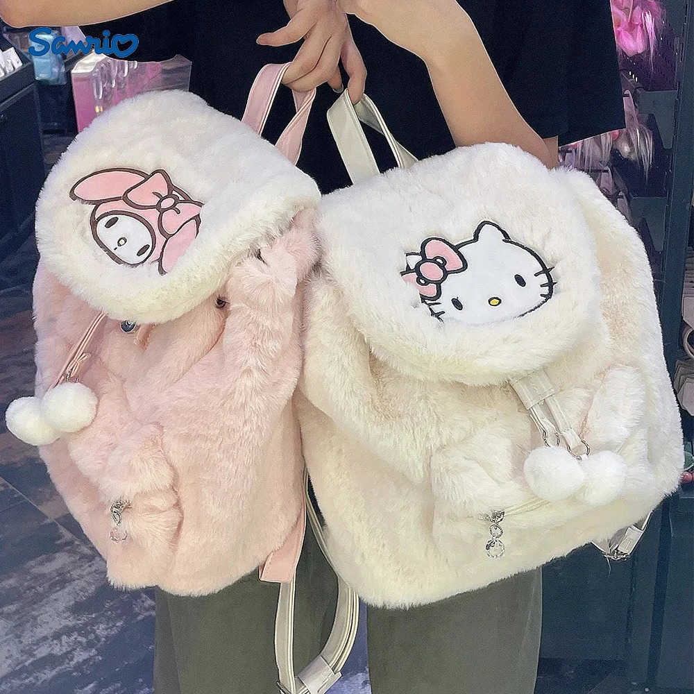 Sanrio Hellokitty Mymelody Plush Schoolbag Furry Bag Cute Cartoon Fluffy Satchel Tote Kawaii Handbags Backpacks Girls Christmas Gifts H251216
