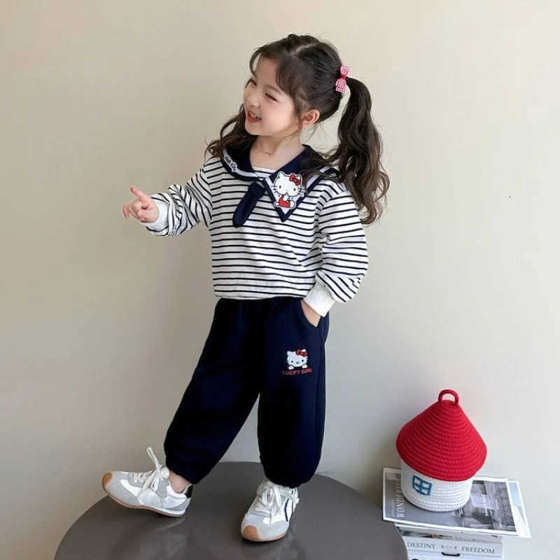 Sanrio Baby Girl Clothes Set Autumn Kid Hello Kitty Sweatshirts Pullover Striped TopPants 2pcs Suit Children Tracksuits Sweet Outfits H251216