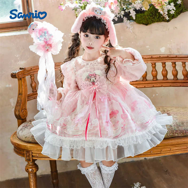Sanrio Anime My Melody Girls Lolita Princess Party Dress with Bow Decoration Ruffled Tutu Skirt Layered Design for Halloween Gift H251216