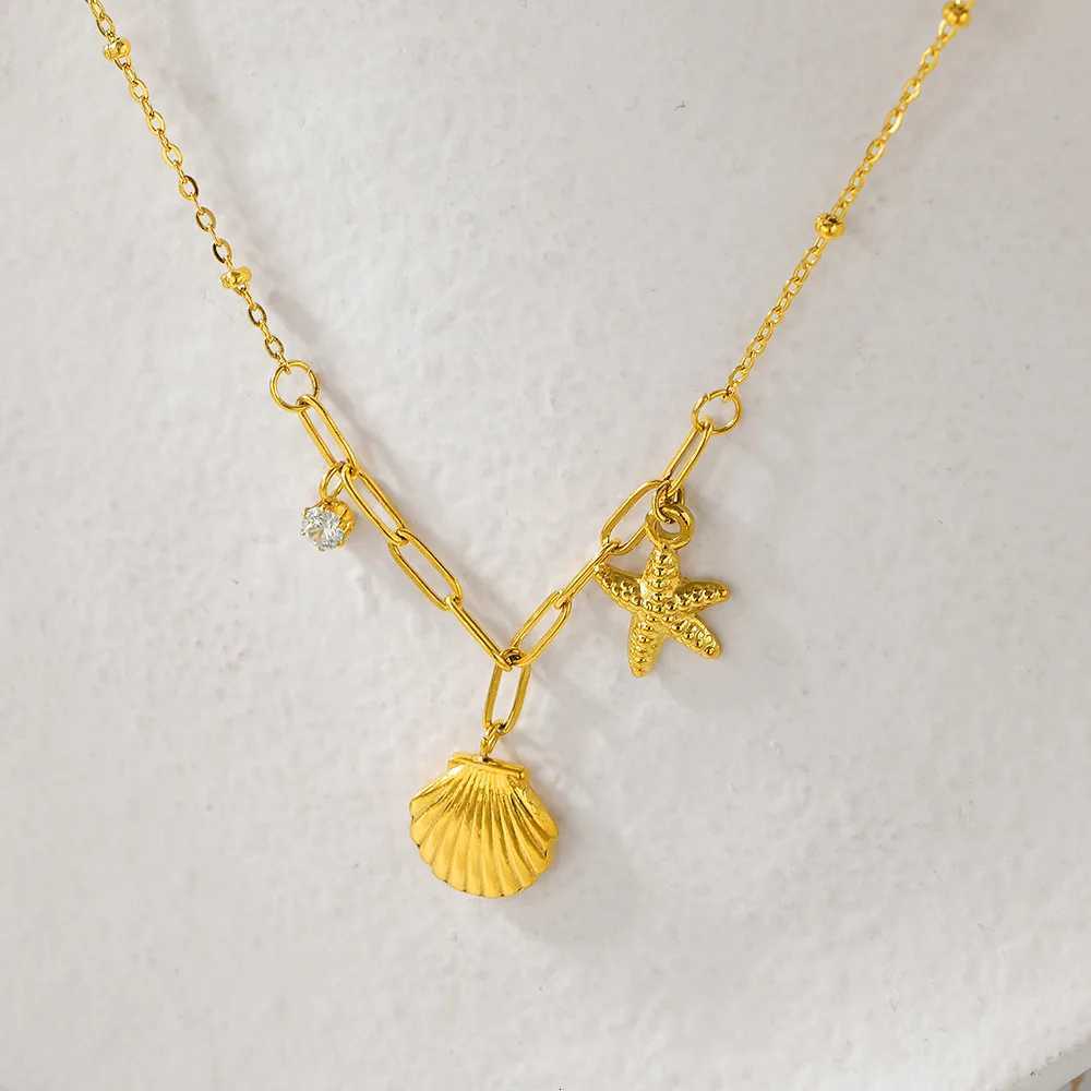 Summer Ocean Style Shell Starfish Charm Necklace Minimalist Zircon Stainless Steel Necklace for Women M251216