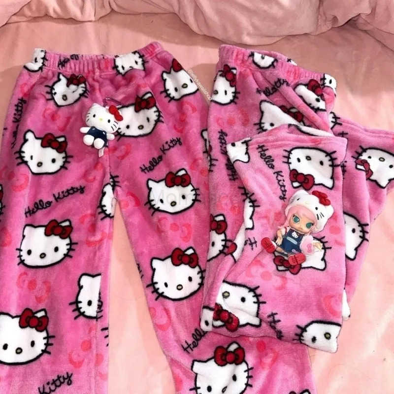Sanrio New Hello Kitty cartoon flannel mid-waist pajama pants loose pajamas cute print casual warm home comfort kawaii gift H251216