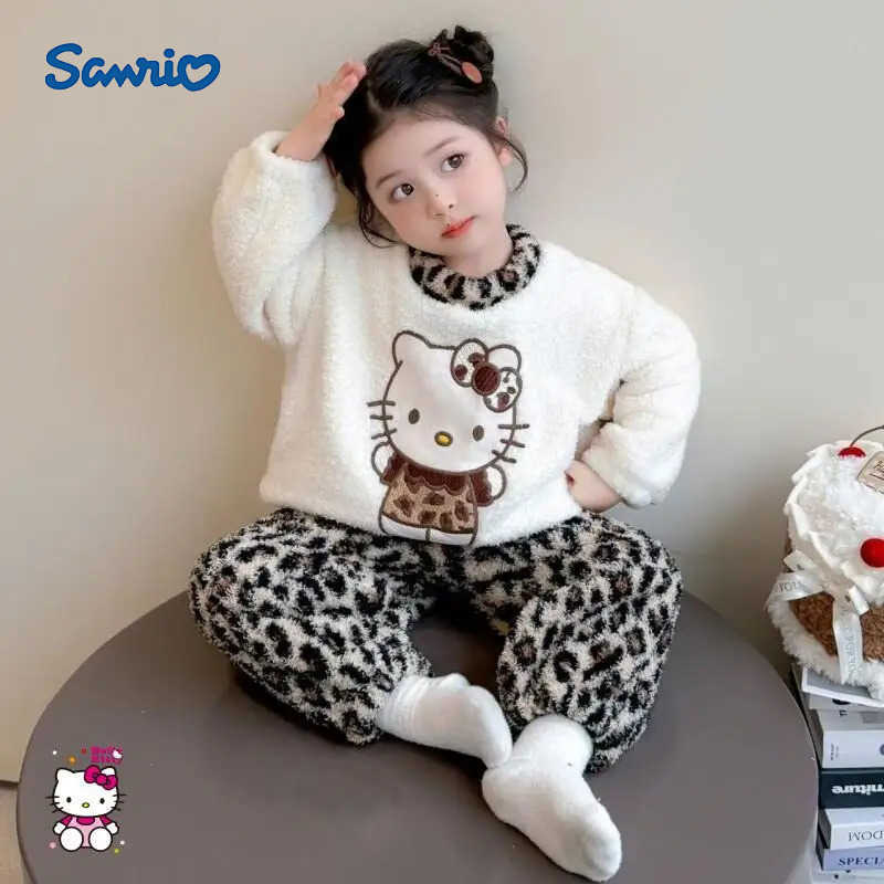 Sanrio Hello Kitty Girls Coral Thickened Velvet Cute Winter Set Home Clothes Kawaii Y2k Anime Childrens Clothing Baby Flannel H251216