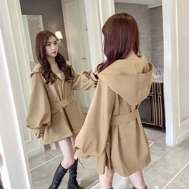 Spring And Autumn New Lantern Sleeves High-End Casual British Belt Windbereaker Ladies Outwear W3179 Hooded Trench Coat WomensT251216
