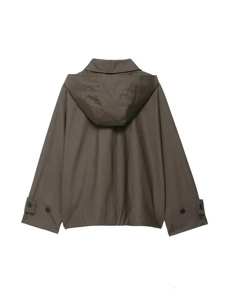 Womens Short Trench Coat Solid Hooded Loose Casual Overcoat Single Breasted Windbreaker Chic Lady Outfits 2025 Autumn NewT251216