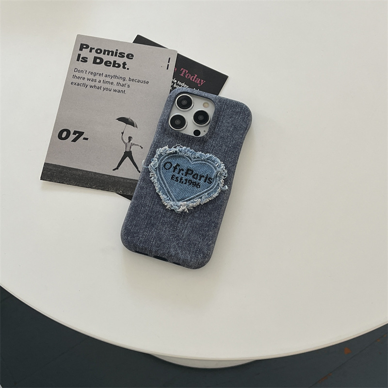 Denim Embroidered Heart English Suitable iPhone 17 Pro Max Apple 16/15 Retro Phone Case 13/14 for Women