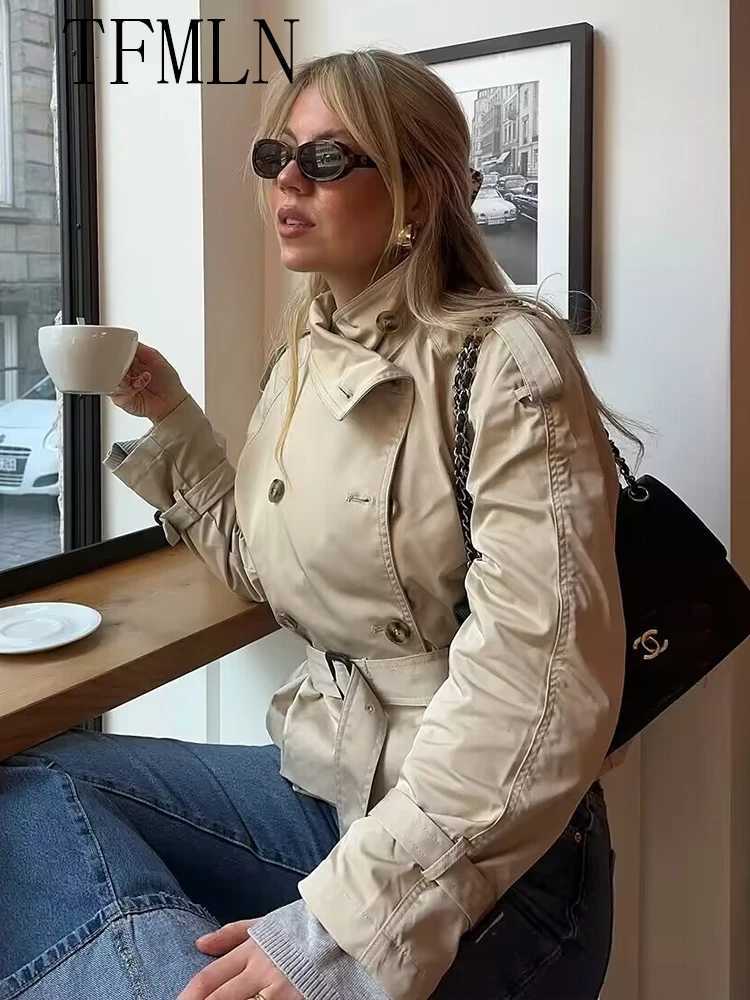 TFMLN 2025 Autumn Women Cropped Trench Coats With Belt Fashion Causal Double Breasted Jackets Chic High Street Outwear TopsT251216