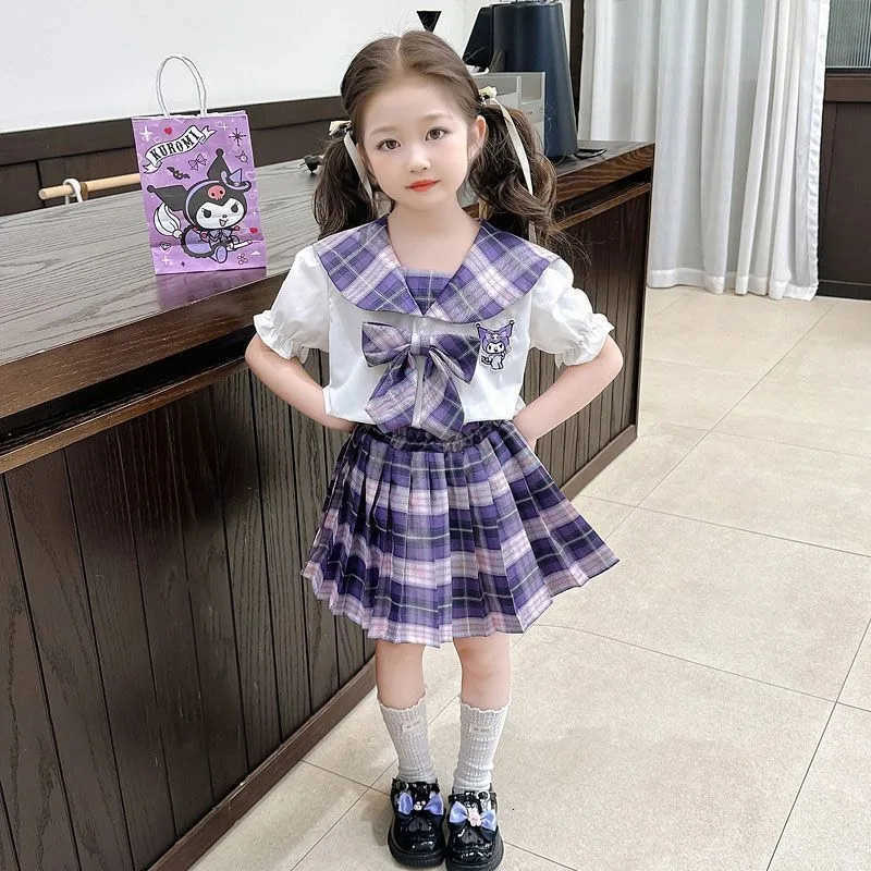 Sanrio Summer Kuromi Anime Kawaii Ins Fashion Short Sleeve Shirt Skirt 2025 New Cute Pleated Skirt Two-piece Set Clothes Gifts H251216
