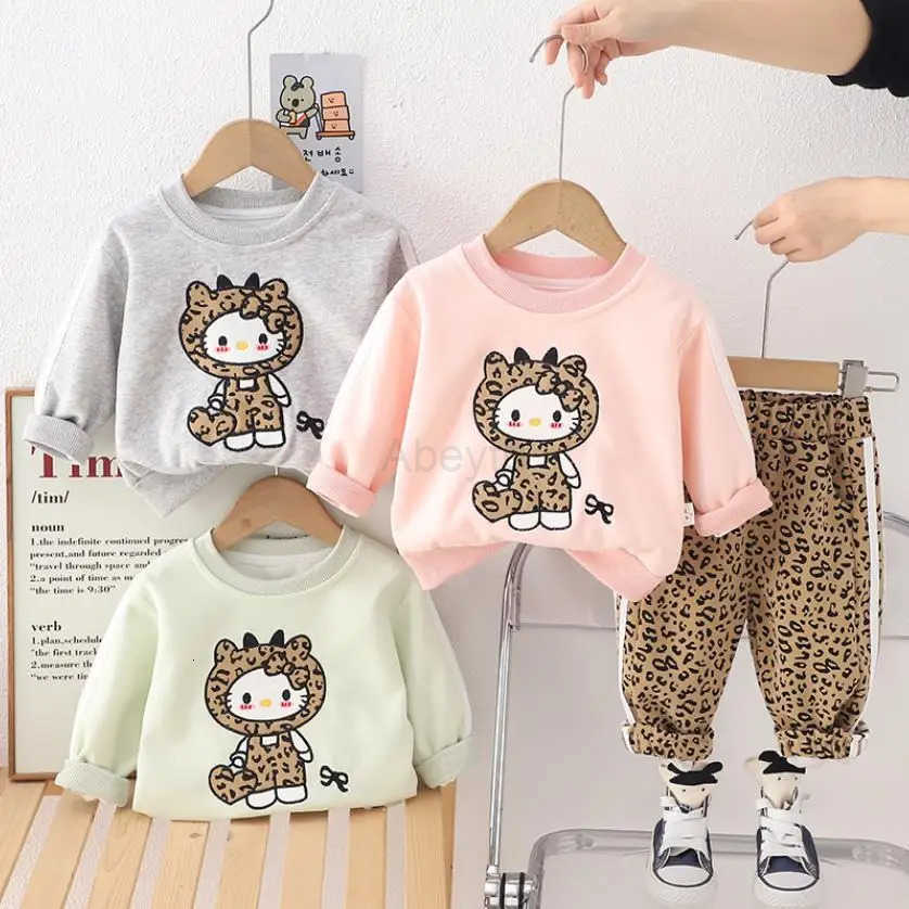 Sanrio 2025 Spring Boutique Girls Outfits Designer Cartoon Cute Leopard Print Long Sleeve T-shirts Pants Two Piece Sets Kids Tracksuits H251216
