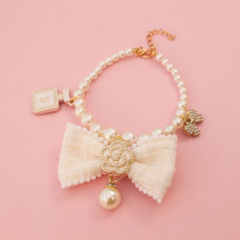 Pearl Pet Necklace Cat Dog Collar Small Fragrance & Style Bowknot Vintage Noble Lady Camellia Rhinestone Decoration