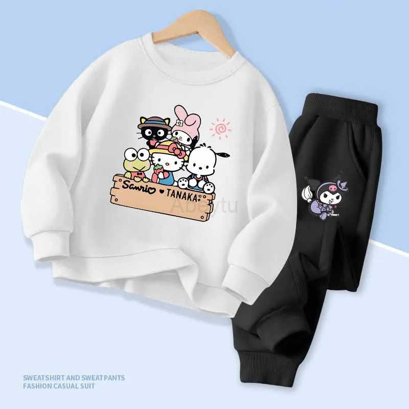 Sanrio Spring Autumn Childrens Colthes Sets Cartoon Family Print Girls Pullover Tops and Pants 2pcs Breathable Thin Kids Clothes H251216
