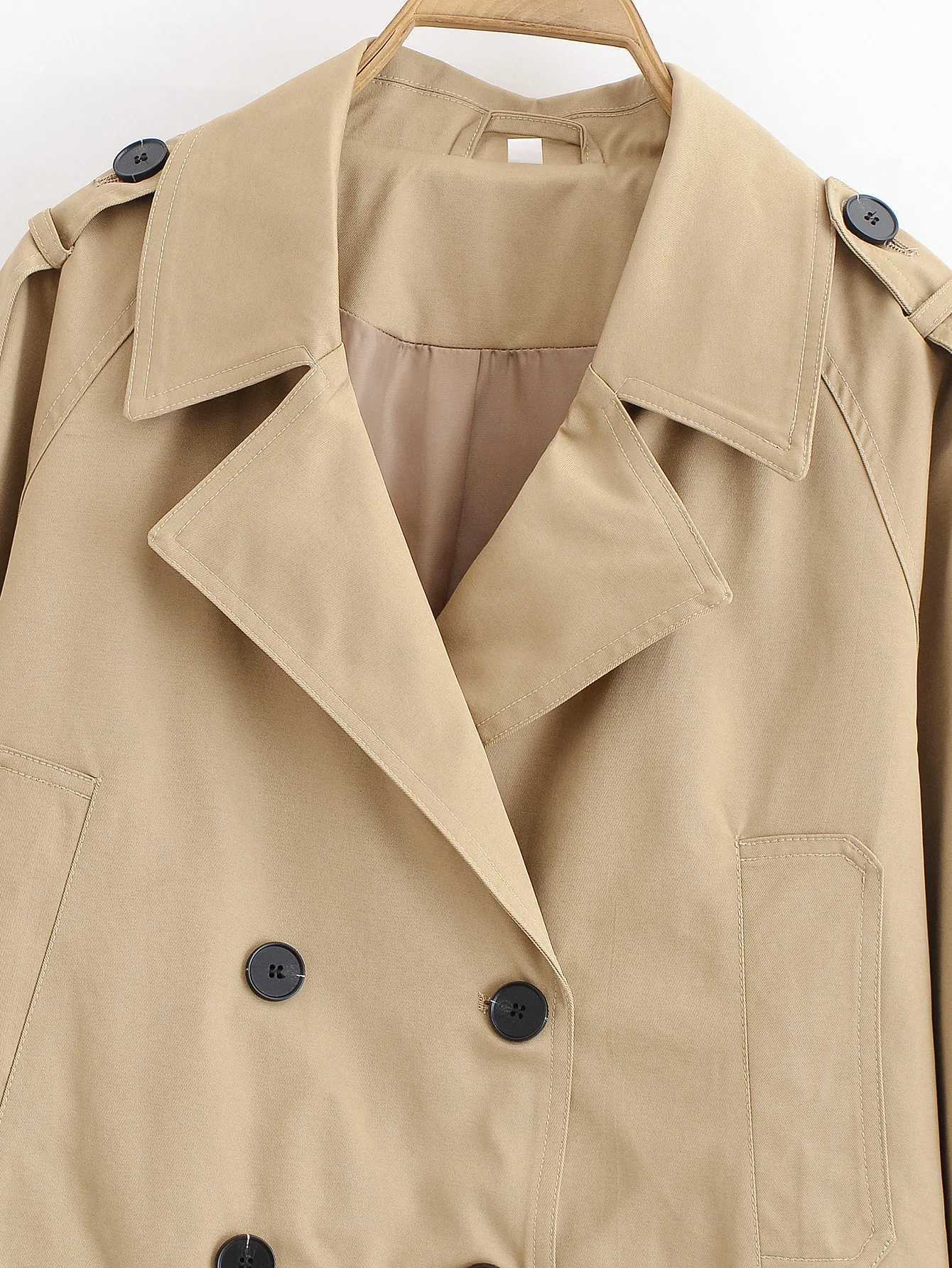 Autumn New Khaki Double Breasted Short Trench Coats For Women Casual Lapel Long Sleeve Pocket Loose Jackets Women Outcoat 2025T251216