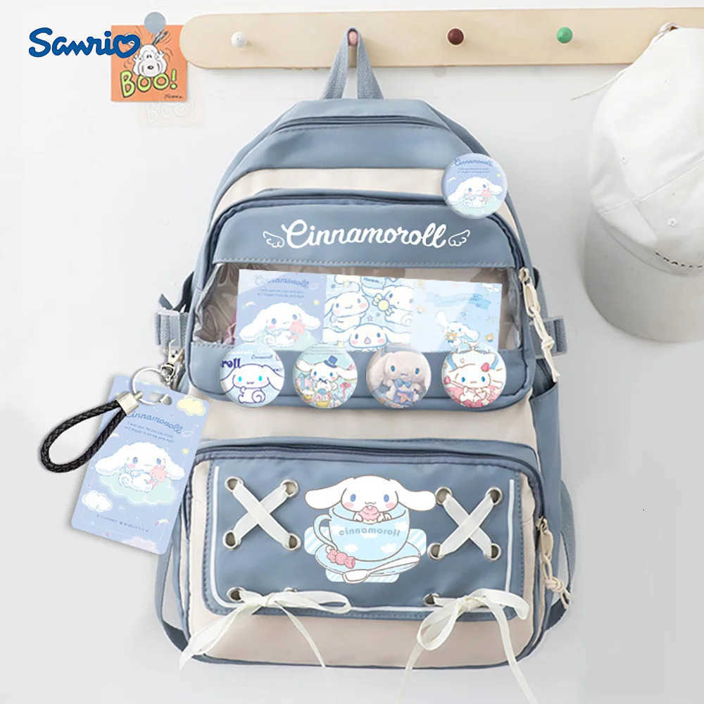 Sanrio Kawaii Cinnamoroll Anime Schoolbag With Badge Card Holder Cartoon Bagpack Large Capacity School Bag Back-to-School Gifts H251216