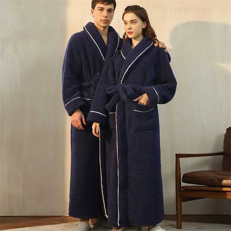 Autumn Winter Warm Bathrobe Gown Home Clothes Thicken Coral Fleece Couple Sleepwear Long Robe Loose Flannel Female Lounge Wear C251216