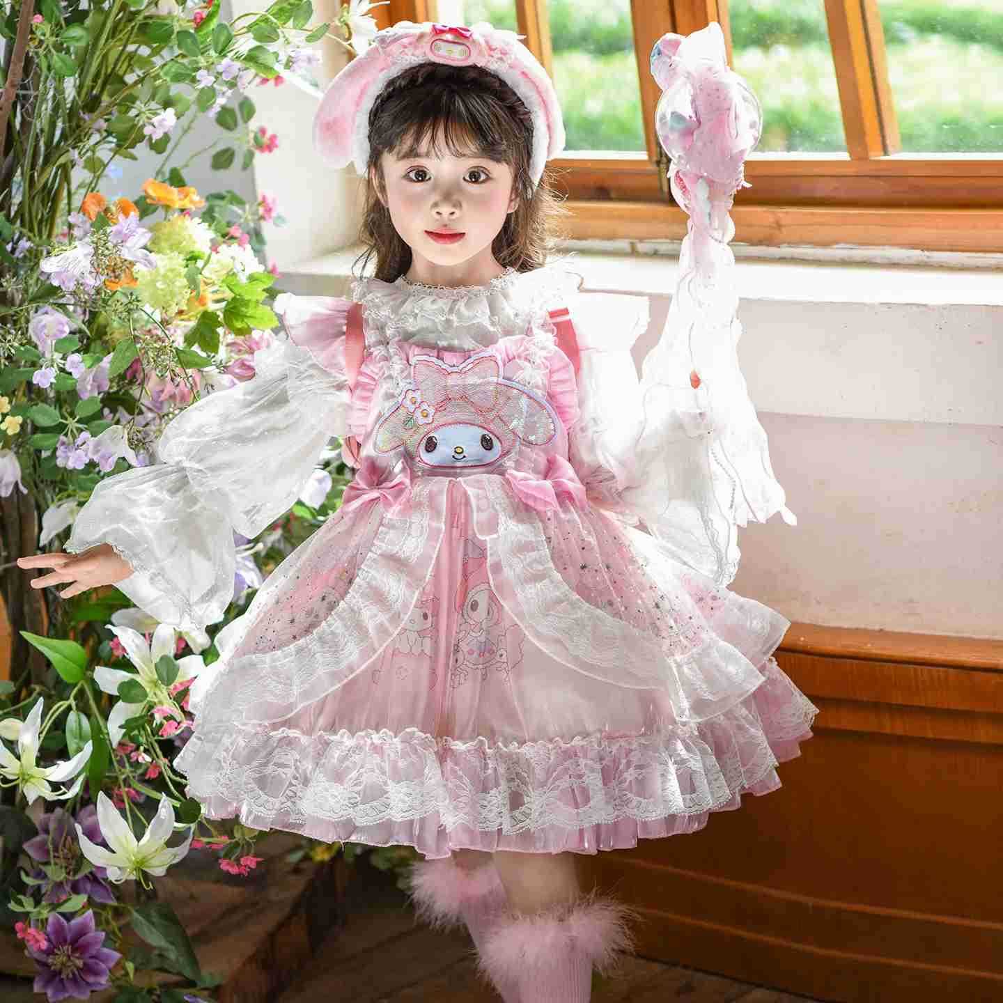 Sanrio Anime My Melody Vintage Lace Girls Lolita Dress with Ruffled Tutu Skirt Sequin Princess Layered Ball Gown for Kids Party Wear H251216