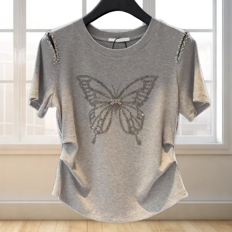 Designer Luxury Factory Direct Supply High Rate 100% Cotton Summer Round Neck Butterfly Rhinestone Short Sleeve T-shirt Women's Fashion Top Women