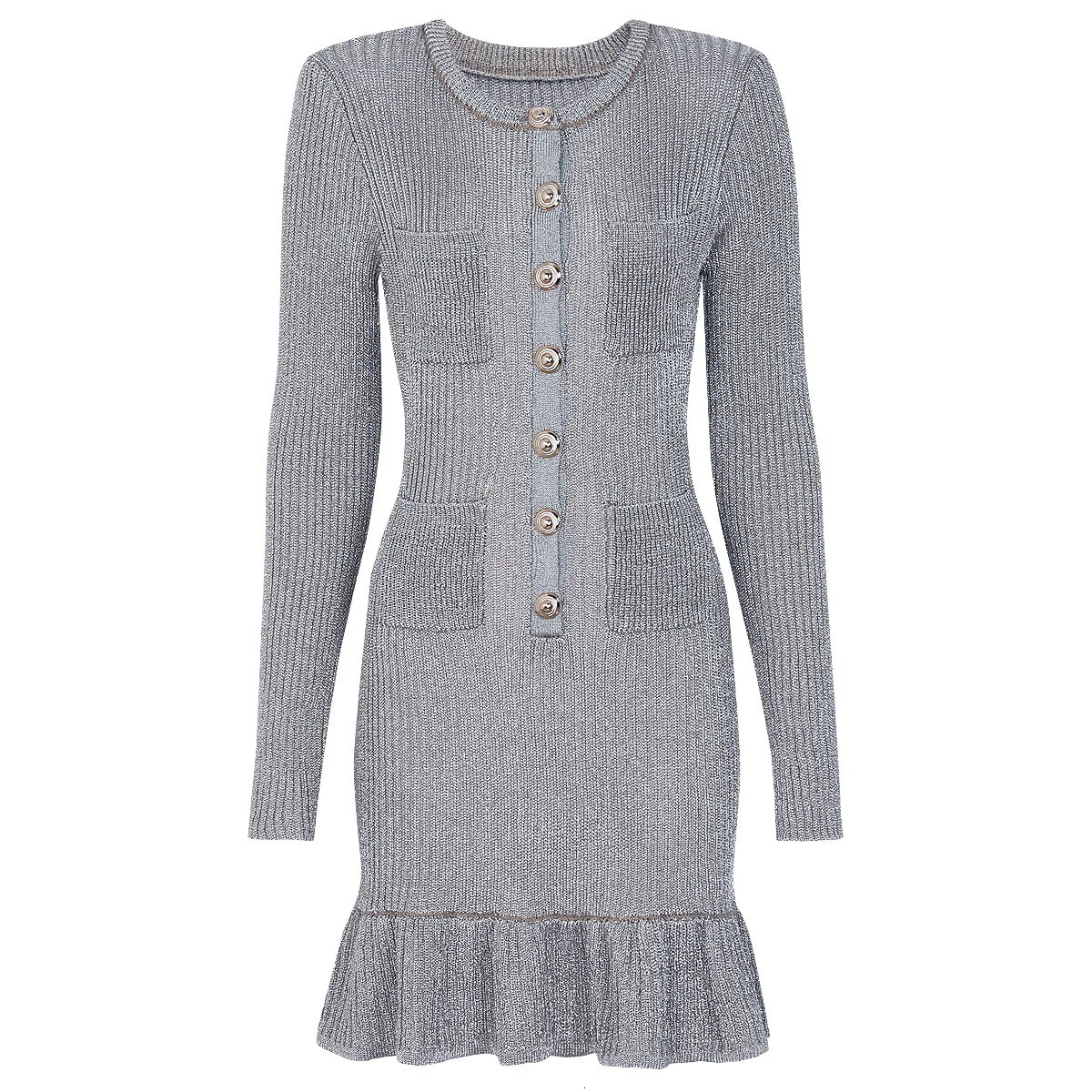 ZJYT 2026 Spring Long Sleeve Knitted Sweater Dresses Bright Silk O Neck Ruffles Hem Mini Party Dress Female Clothes Vestidos 251219