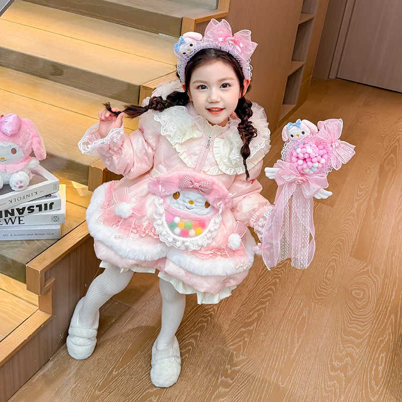 Sanrio Kawaii Children Lolita Long-Style Down Jackets Dress High Quality Anime Cute Princess Jacket Hooded Warm White Duck Down Jacket H251216