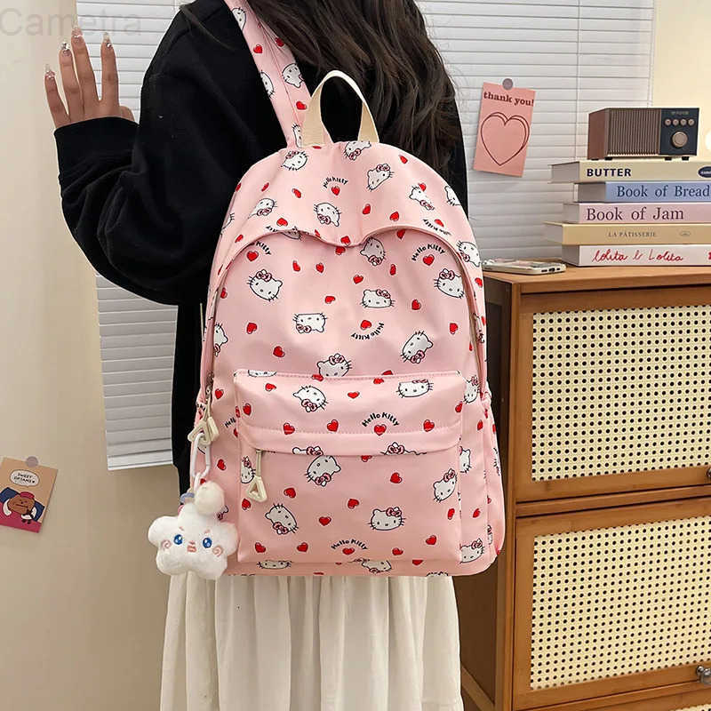 Sanrio 2025 Miniso Hello Kitty Travel Bag Kawaii Large Capacity Student Backpack Ins Korean Cartoon Anime Birthday Gift H251216