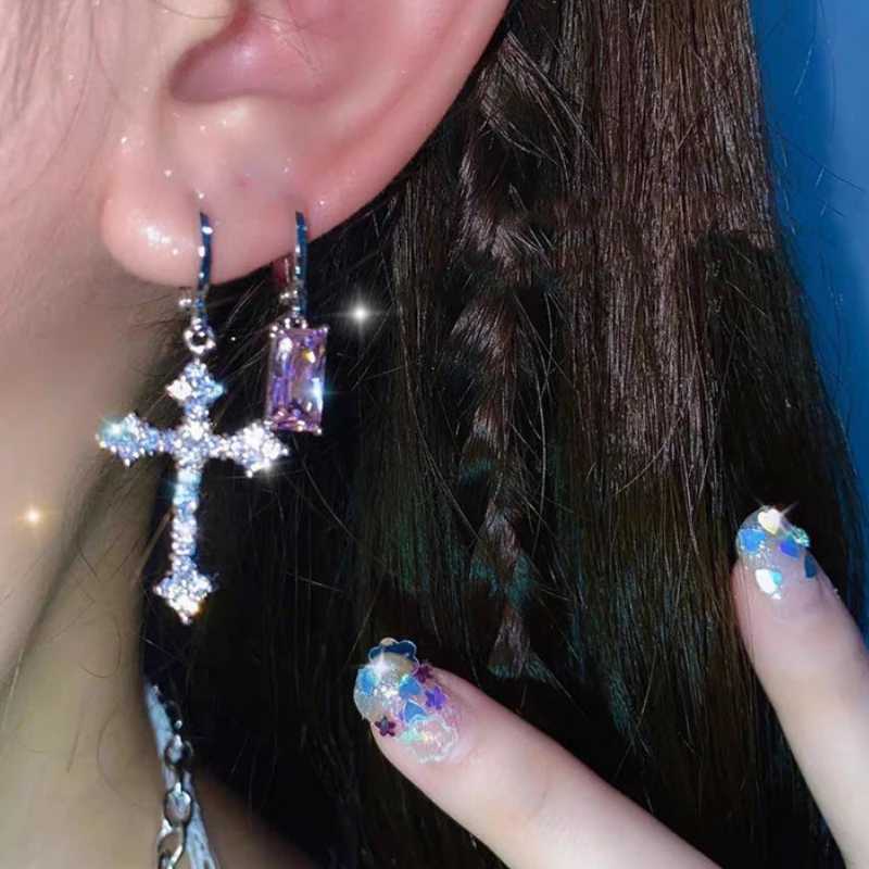 New Rhinestone Zircon Cross Pendant Earrings For Women Korean Fashion Drop Hoop Earrings Birthday Party Jewelry Gifts G251216