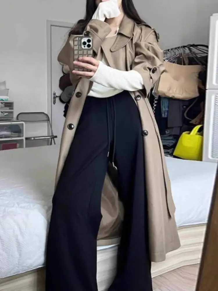 UCXQ Classic Solid Color Trench Female Turn Down Collar Double Breasted Lace Up Windbreaker 2025 Autumn New Tide 23Z3232T251216