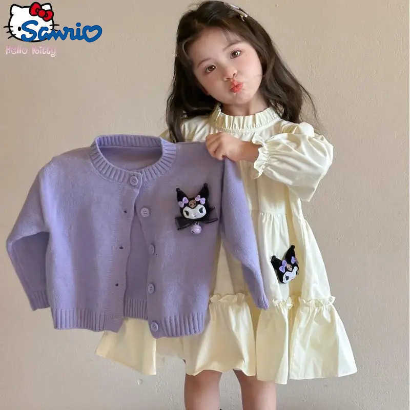 Sanrio Girls Kuromi Knitted Jacket Ruffled Dress Suit Kawaii Spring and Autumn New Cartoon Girls Clothing Anime Sweater Dress H251216