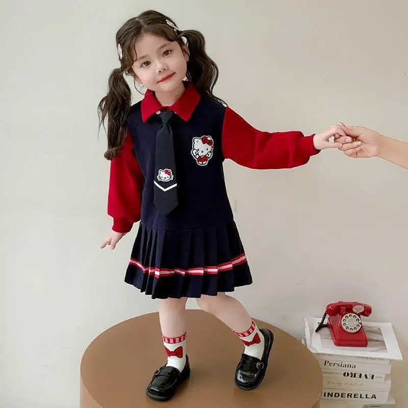 Sanrio Hello Kitty Dress Pleated Skirt Princess Dress Girl College Style Children Spring Fall Kawaii Fashion New Casual Clothing H251216