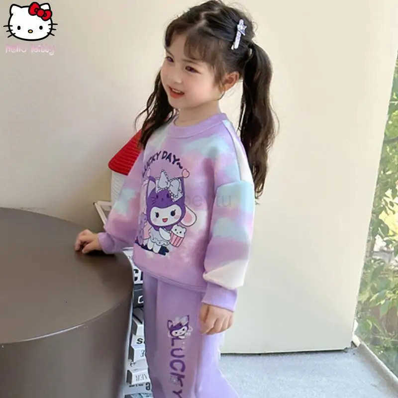 Sanrio Girls Kuromi Cartoon Autumn Anime Tie Dye Printed Sweatshirt Suit Cartoon New Childrens Long Sleeved T Shirt Sweatshirt H251216