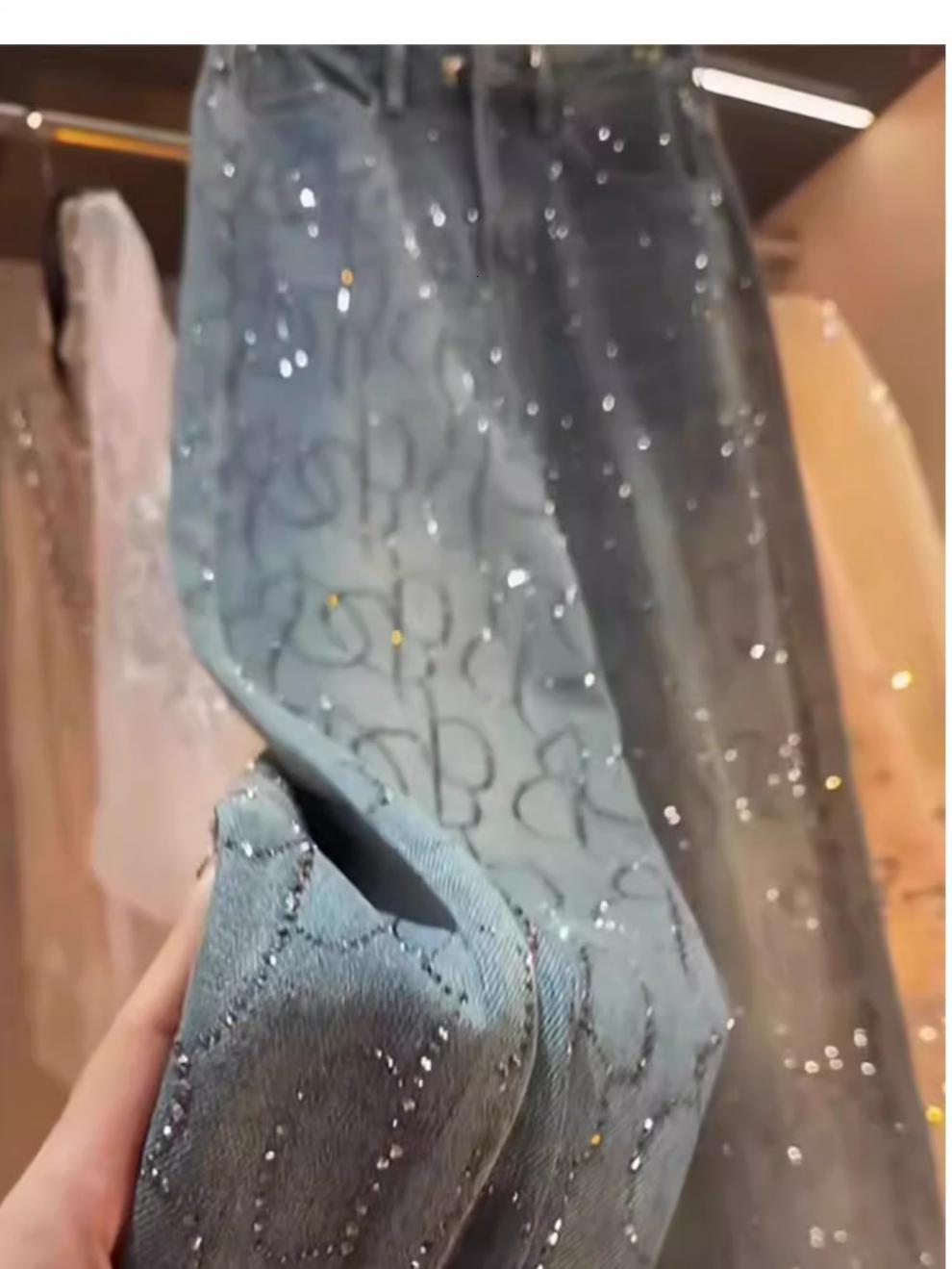 Designer Luxury Rhinestone Jeans For Women 2026 Spring Summer New Design High Waist Heavy Craft Shiny Loose Straight Wide Leg Floor-length Pants