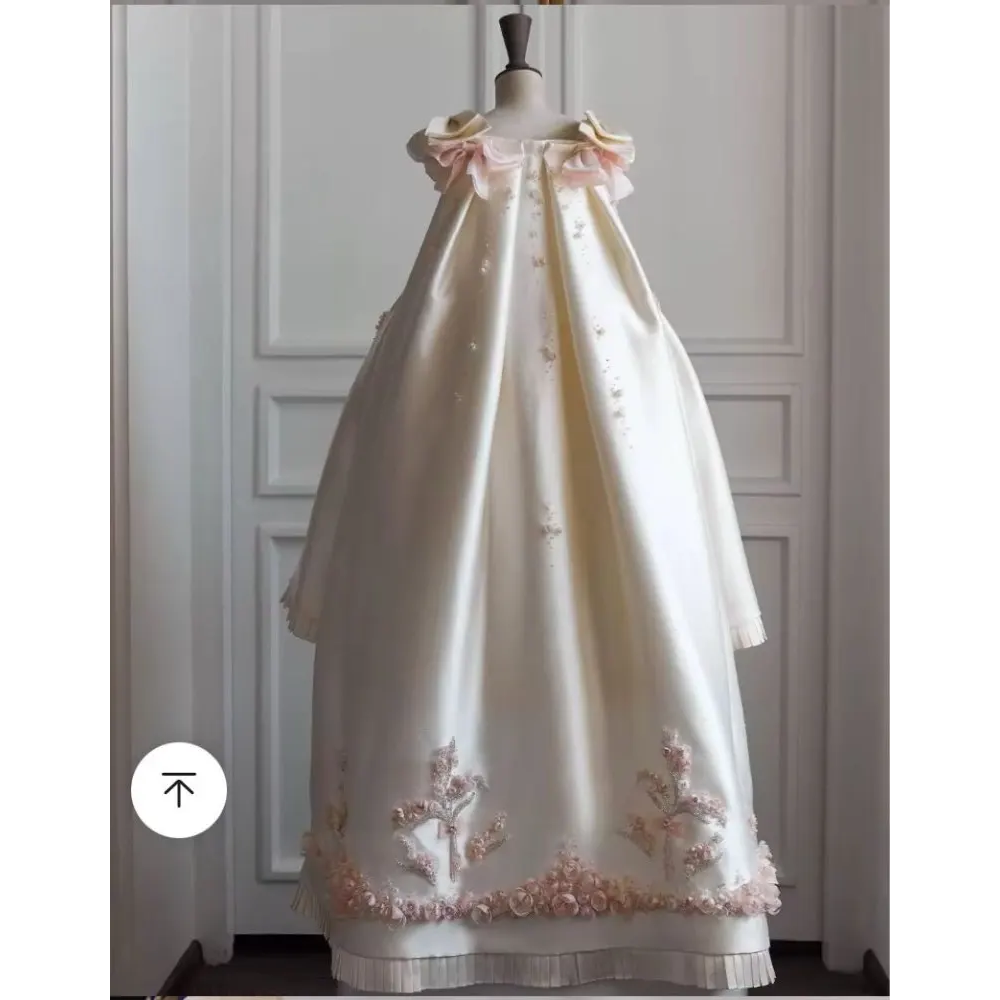 Princess White Ivory Satin Flower Girl Dresses With Detachable Cape Train Cute Baby Toddler Birthday Party Ball Gown Dress Floral Embroidery Robes BC2