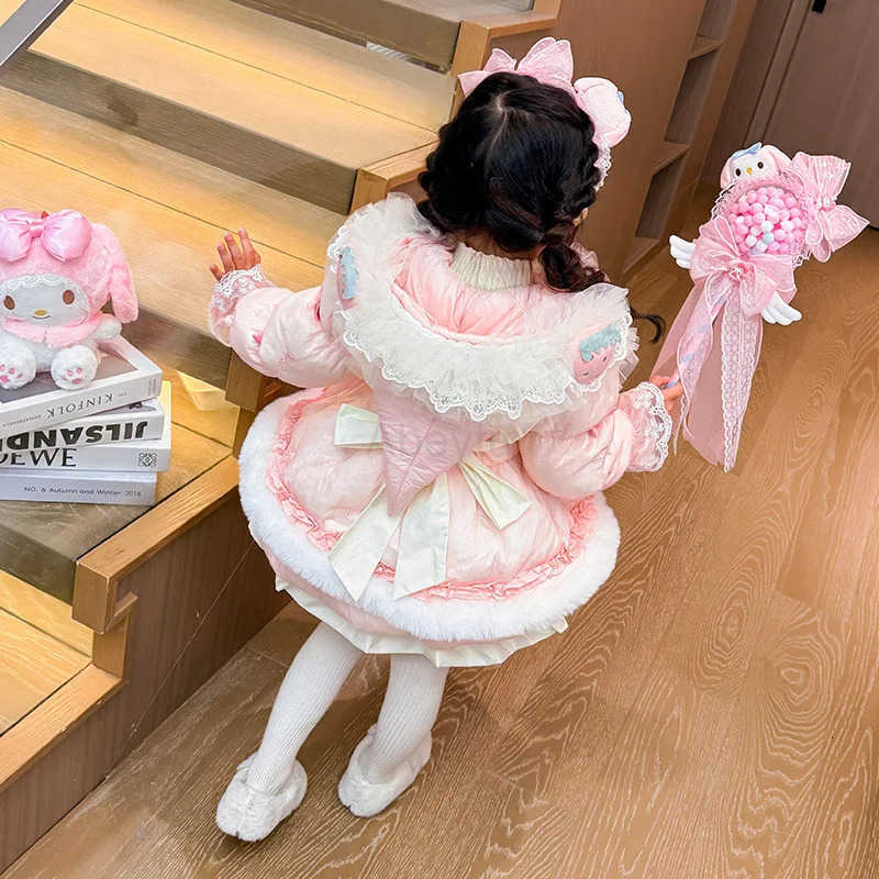 Sanrio Anime My Melody Girl Lolita Long Down Jacket Dress Kid Winter Thick Coat Bow Decoration Birthday Dress Velvet Top Festival Gift H251216