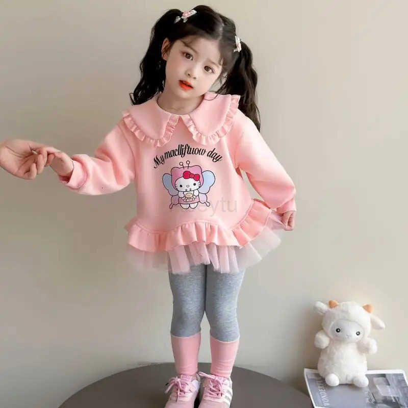 Sanrio Two-Piece Set Hello Kitty Spring Autumn Girl Cartoon Autumn Clothing Outdoors Sweet Cute Mesh Peter Pan Collar Hoodie Leggings H251216