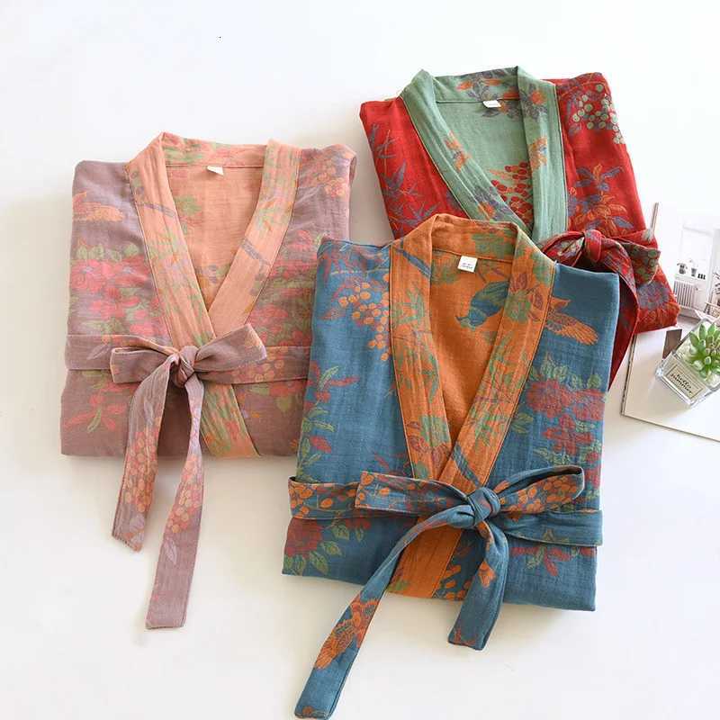 Spring Jacquard High Quty Color Woven Cotton Double Layer Gauze Sleeping Robes for Women Medium Length Yukata Bathrobe C251216