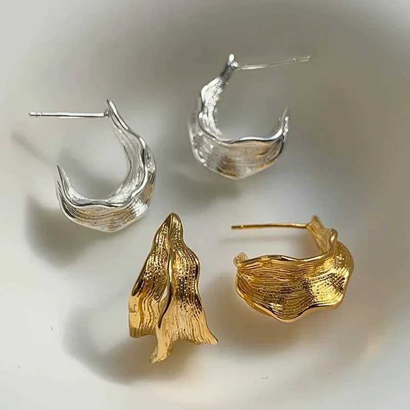 Real 925 Sterling Silver 18K Gold Irregular Folded Letter C Stud Earring for Women Trendy Fine Jewelry Personality Accessory G251216