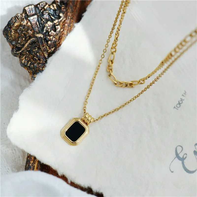 18K Gold Plated Necklace Stainless Steel Double Layers Black Square Pendant Necklace for Women M251216