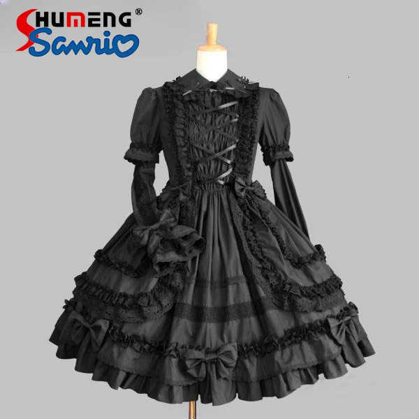 Sanrio Girls Gothic Palace Sweet Lolita Dress Womens Vintage Lace Bowknot Peter Pan Collar Victorian Dress Loli Cosplay Lolita Op H251216