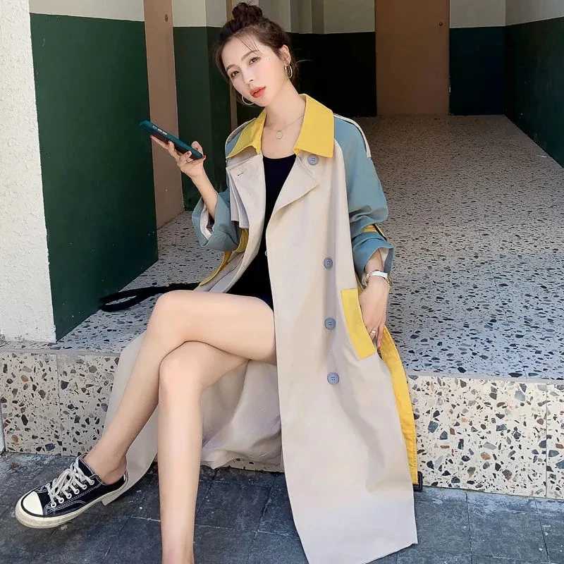 Female Spring Autumn New England Style Drape Trench Coat Color Block Windbreaker Jacket Womens Mid-LengthT251216
