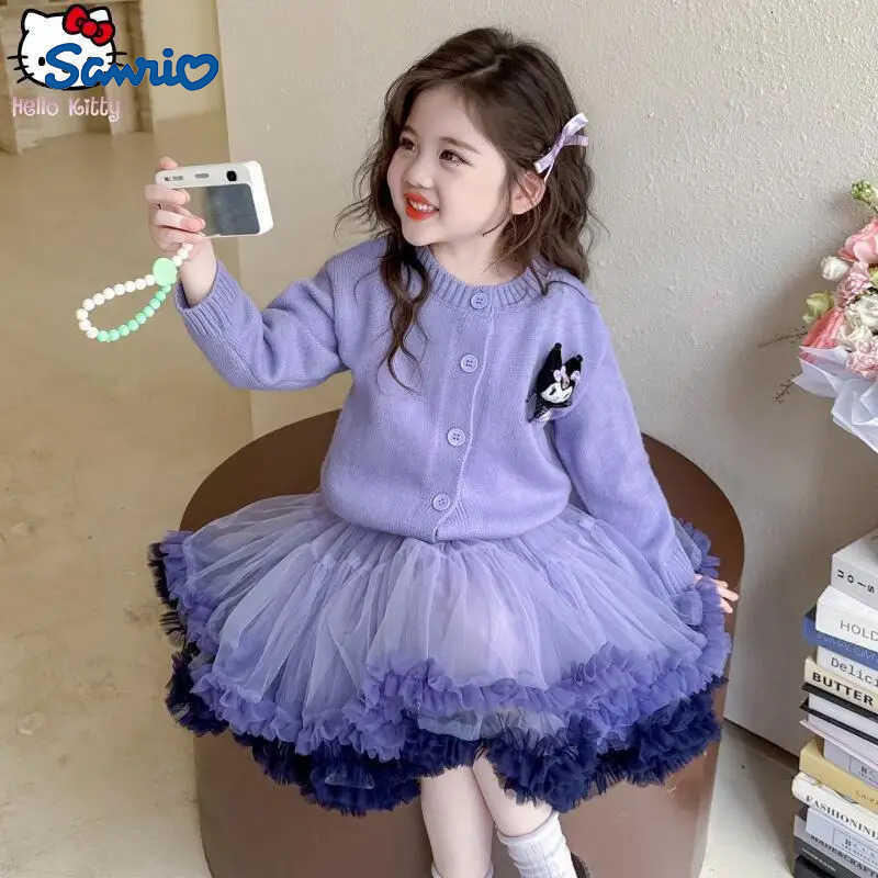 Sanrio 2Pcs Jacket Tutu Skirt Kuromi Melody Girls Anime Sweater Puffy Skirt Set Kawaii Cartoon Spring Autumn Fashion Sweet Coat H251216