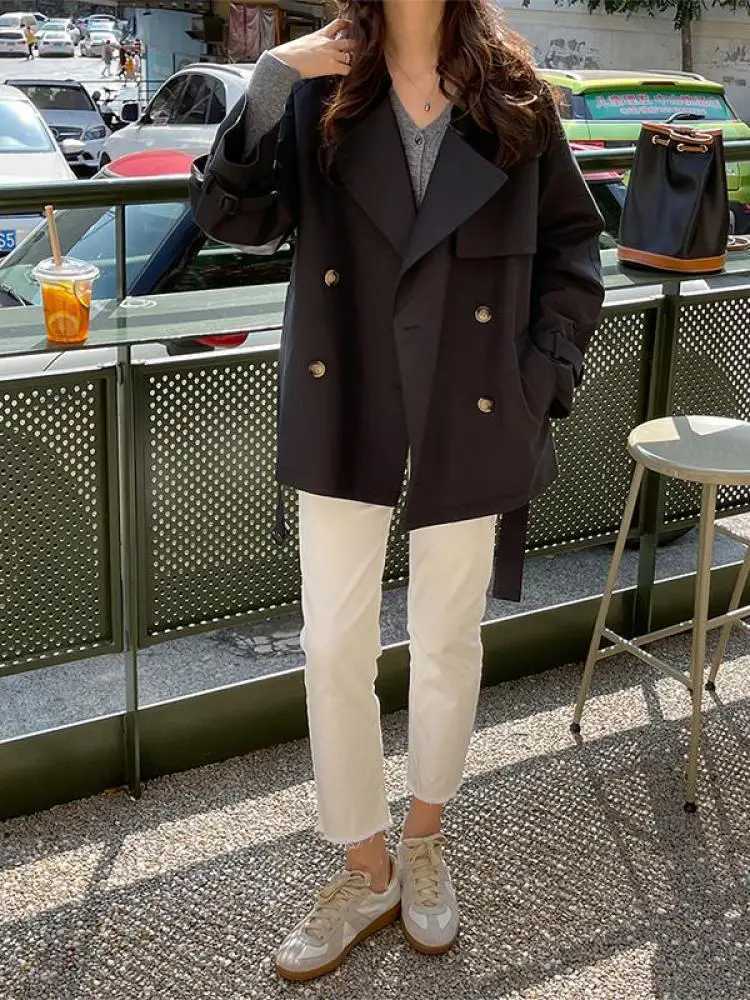 Black Double Breasted Windbreaker Coat Women Versatile 2023 Spring Autumn New Korean Loose Khaki Cardigans Jacket Trench CasualT251216