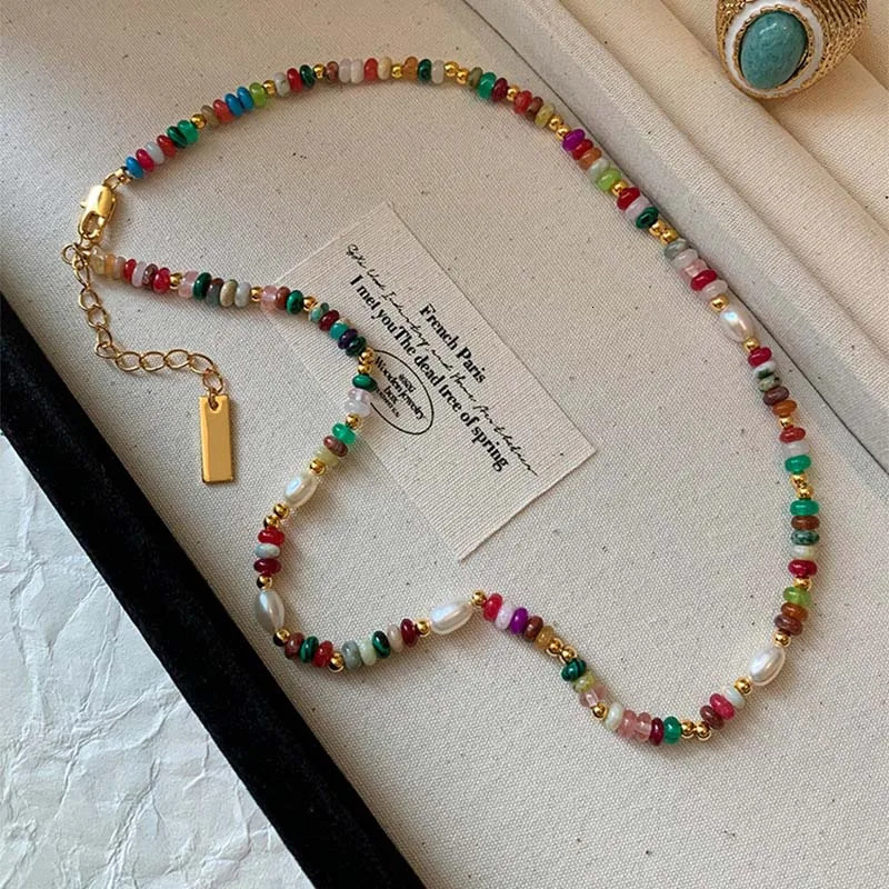 Fashion Colorful Beads Stone Natural Freshwater Pearl Necklaces For Women Retro Gold Color Clavicle Chain Necklace Jewelry Gifts 251212