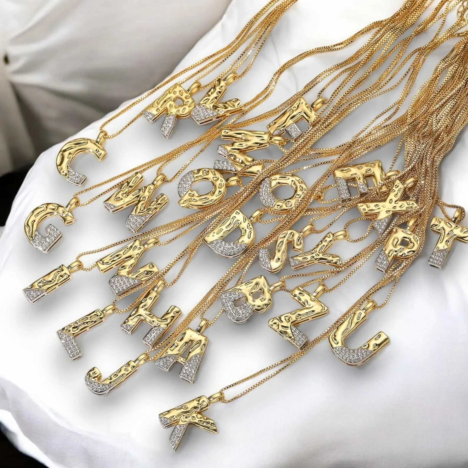 26 Zircon Letter Initial Pendant Necklace Two Tones Copper Micro Setting Letters Necklace for Women M251216