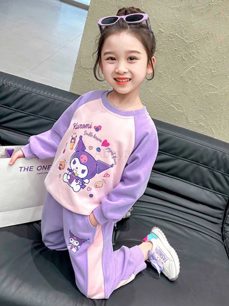 Sanrio Kuromi Cartoon Print Childrens Clothing Sets Girls Sweashirt Sweatpant 2 Pcs Suit Autumn Kids Tracksuit for 3-8Years H251216