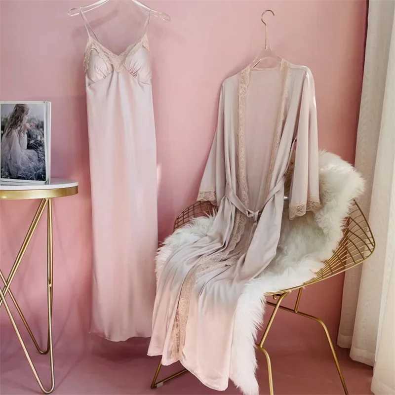 New Female Long Robe Nightgown Set Sexy Lace Trim Sleepwear Suspender Nightdress Spring Summer Casual Satin Home Dress Bathrobe C251216